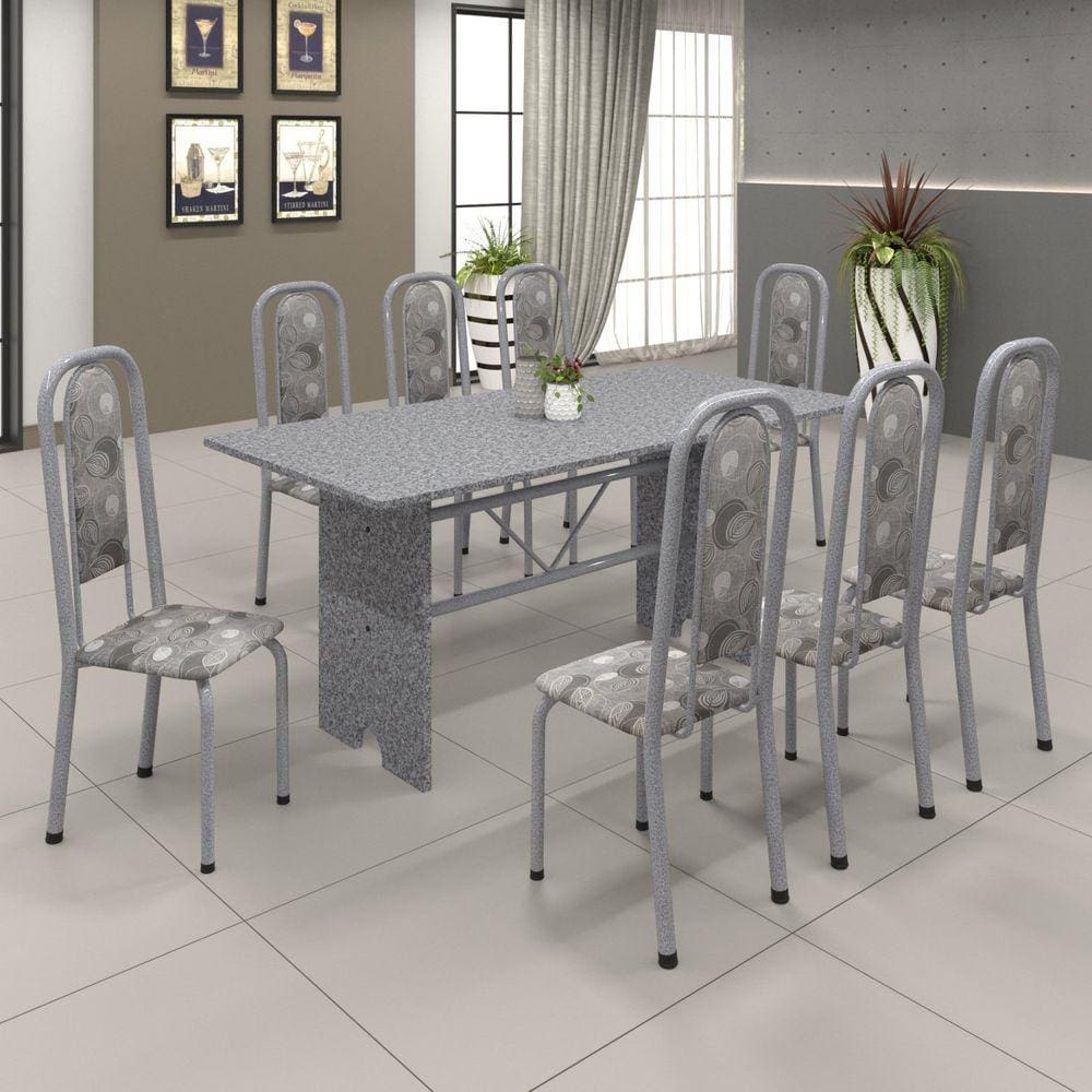 Conjunto de Mesa 180x75cm Tampo Granito com 8 Cadeiras Lavínea Soma Móveis Martelado Pérola/Ocre/Paraopeba