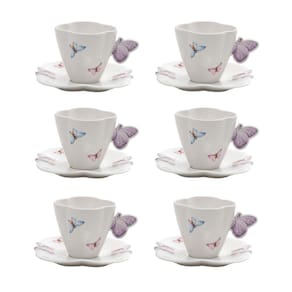 Cj 6 Xícaras P/Chá C/Pires de Porcelana Branca Borboletas 200ml Wolff