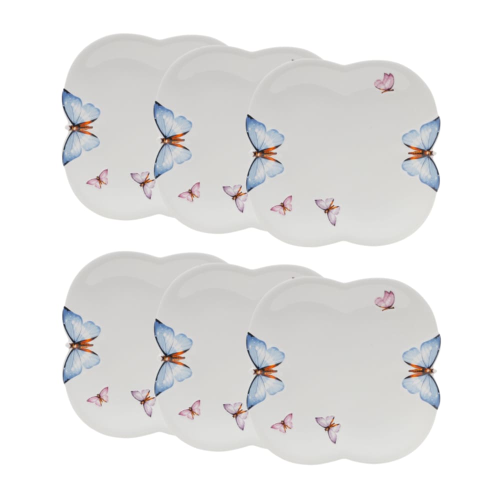 Cj 6 Pratos Rasos de Porcelana Branca Borboletas 24cm Wolff