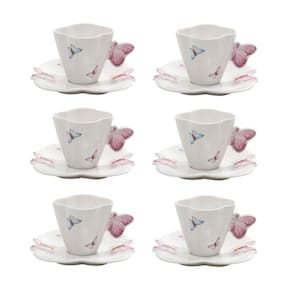 Cj 6 Xícaras P/Café C/Pires de Porcelana Branca Borboletas 100ml Wolff