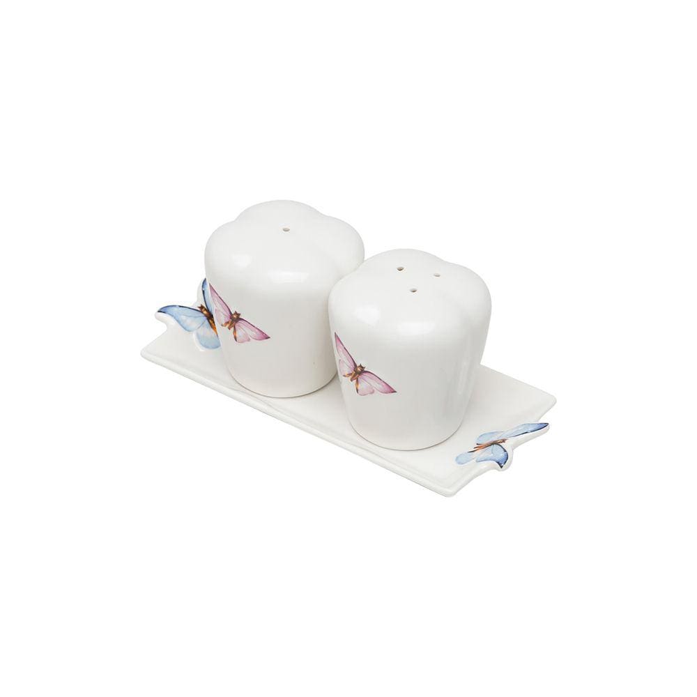 Kit Saleiro e Pimenteiro Porcelana Branca C/Bandeja Borboletas Wolff