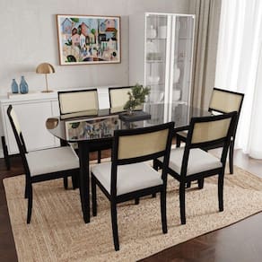Conjunto Mesa de Jantar Tampo Vidro e MDF 1,60m e 6 Cadeiras Tiê CabeCasa MadeiraMadeira Preto/Bege Claro