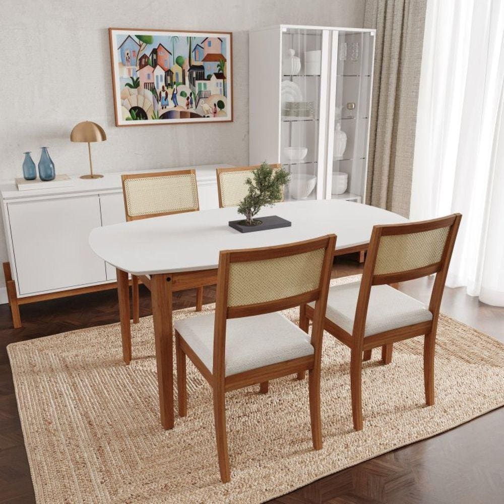 Conjunto Mesa de Jantar Tampo MDF 1,60m e 4 Cadeiras Tiê CabeCasa MadeiraMadeira Amendoa/Bege claro