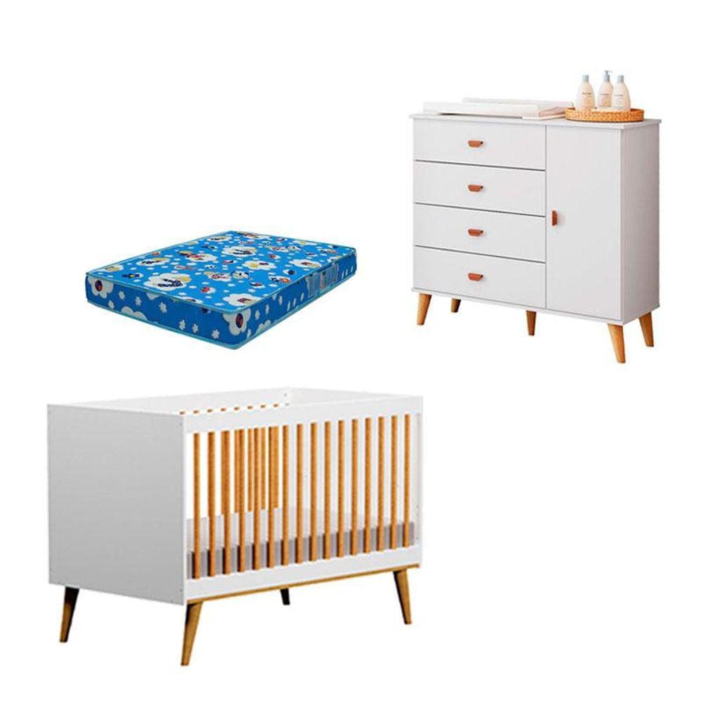 Berço Americano Ligia e Cômoda Infantil Duda Branco Acetinado Bétula com Colchão Ortobom - Carolina Móveis