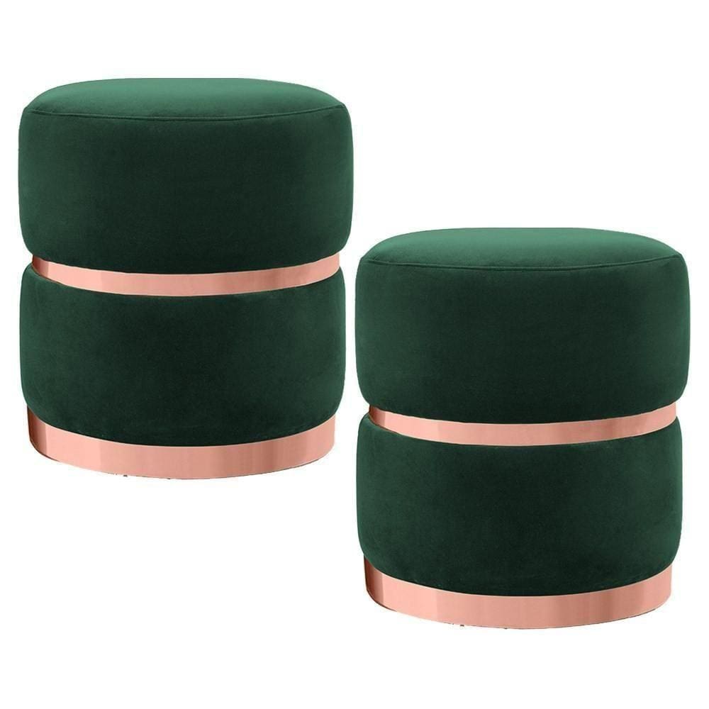 Kit 2 Puffs Cinto e Aro Rosê Round B-303 Veludo Verde Musgo