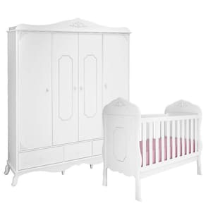 Berço Americano e Guarda Roupa Infantil Realeza 4 Portas Branco Acetinado - Canaã