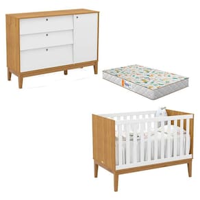 Berço Americano e Cômoda Sapateira Unique Freijó Branco Soft Eco Wood com Colchão Gazin - Matic