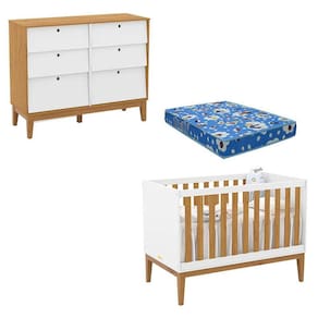 Berço Americano e Cômoda 6 Gavetas Unique Branco Soft Freijó Eco Wood com Colchão Ortobom - Matic