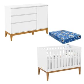 Berço Americano Unique e Cômoda com Porta Nature Clean Branco Soft Eco Wood com Colchão Ortobom - Matic