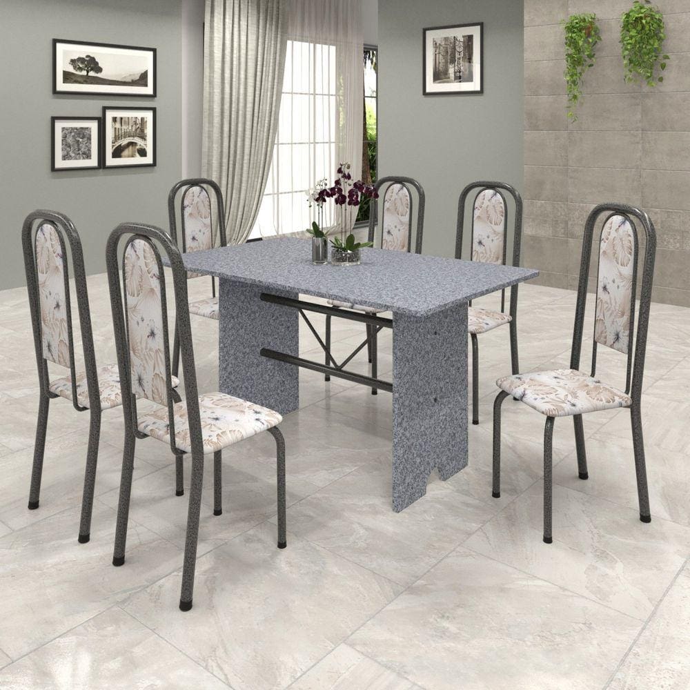 Conjunto de Mesa 140x75cm Tampo Granito com 6 Cadeiras Lavínea Soma Móveis Martelado Prata/Ocre/Botanic Bege