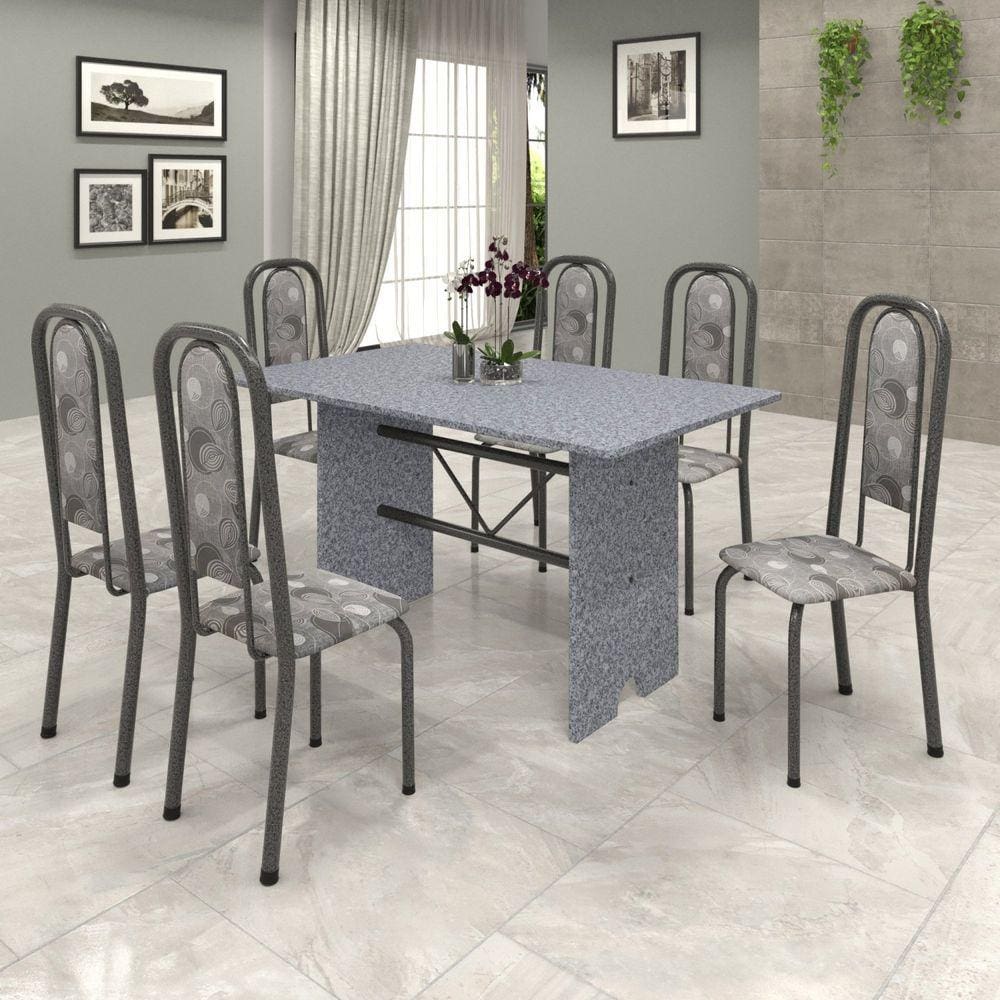 Conjunto de Mesa 140x75cm Tampo Granito com 6 Cadeiras Lavínea Soma Móveis Martelado Prata/Ocre/Paraopeba