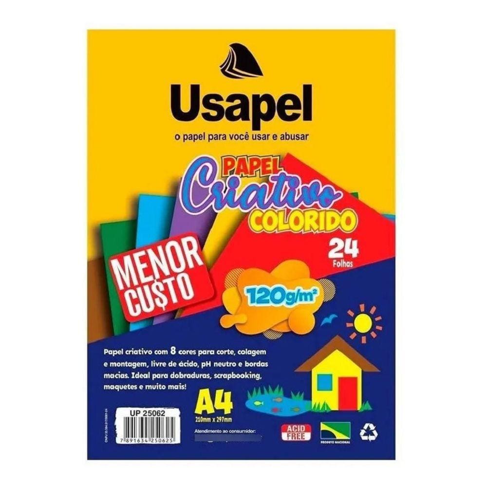 Papel Criativo A4 8 Cores 120g/m² C/24 Folhas Usapel
