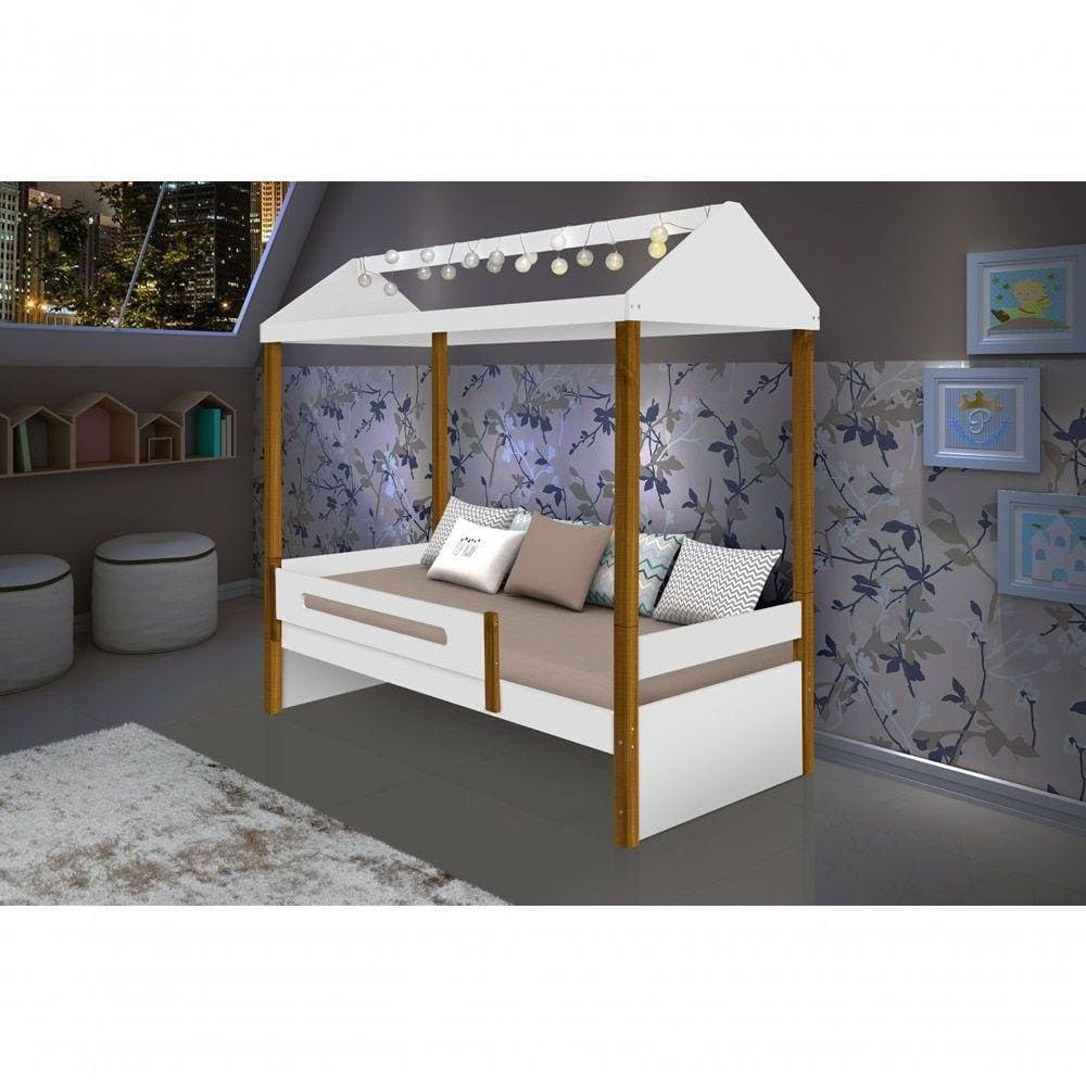 Cama Casa Branco Mel Com Cordão De Luzes Led Com Colchão