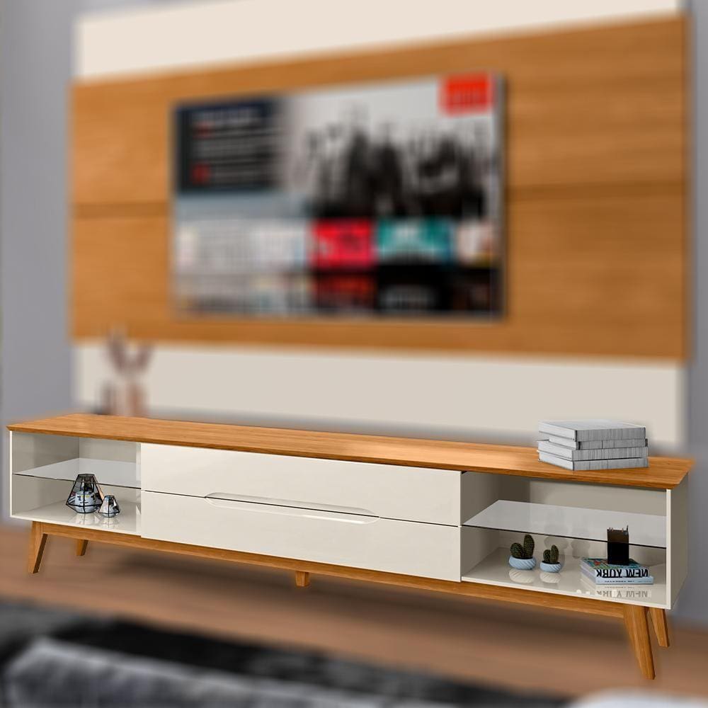 Rack Home Theatre para TV Até 75 Polegadas 2 Prateleiras Sala de Estar Organizador Off White Marrom