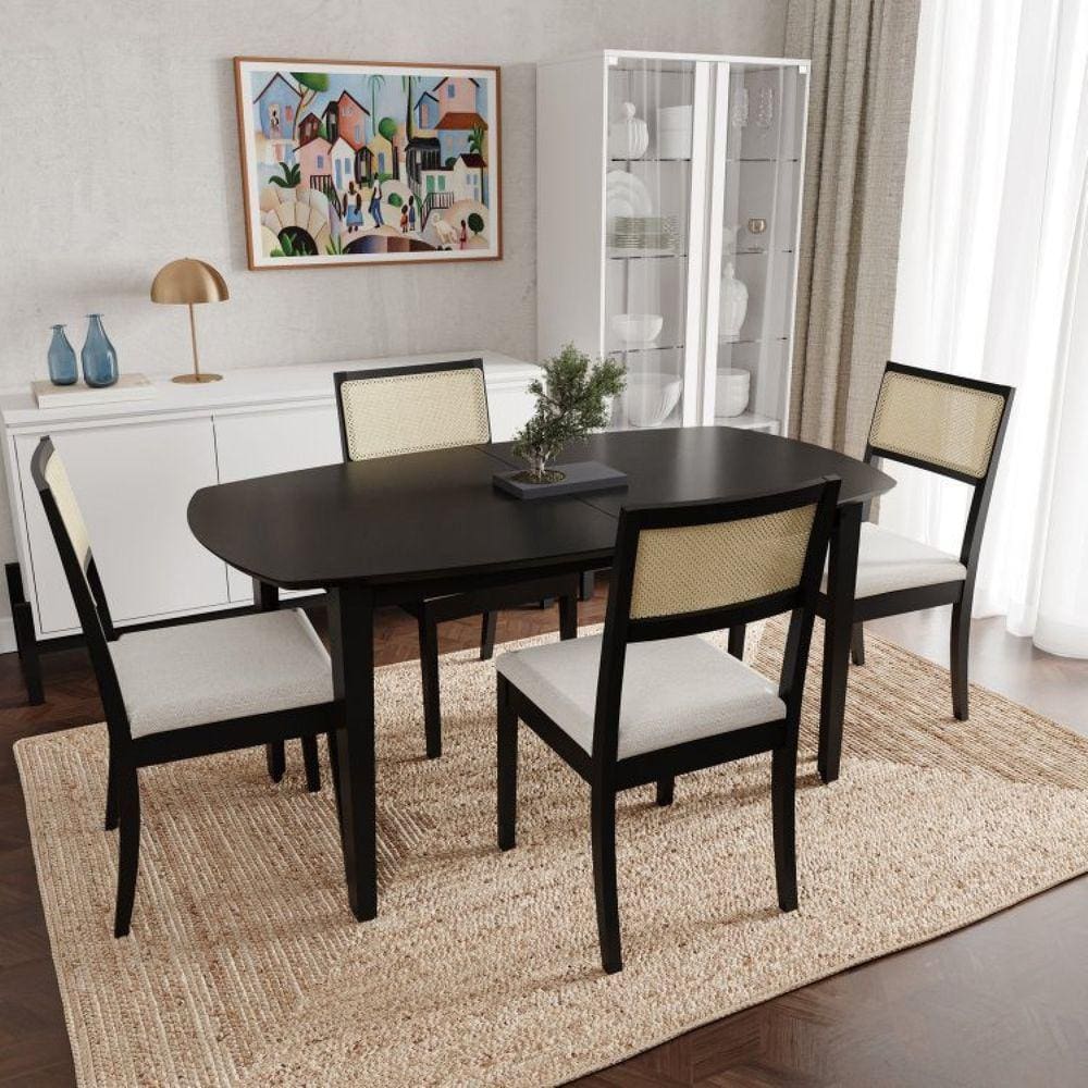 Conjunto Mesa Extensível Oval 4 Cadeira Madeira Maciça Encosto Telado Tiê CabeCasa MadeiraMadeira Preto/Bege Claro