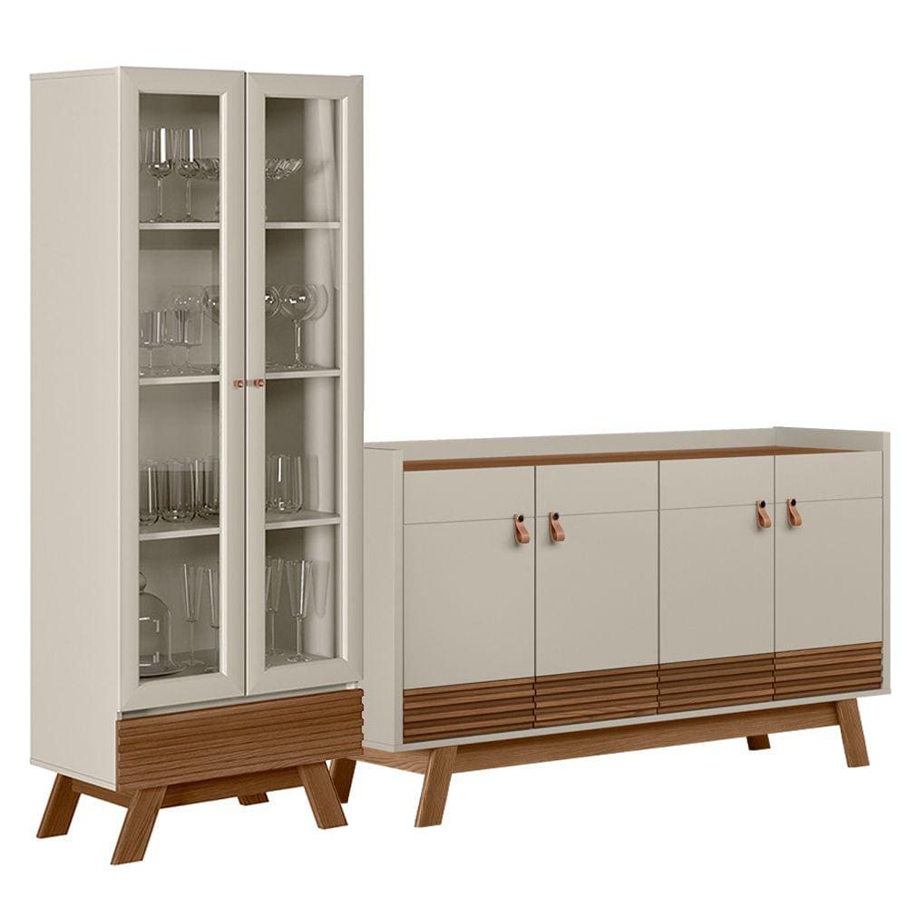 Kit Sala de Jantar Aparador Mason 04 Portas com Cristaleira Geórgia Off White Freijó - Lyam Decor