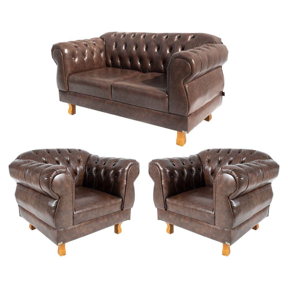 Conjunto 1 Sofá 1,80cm + 2 Poltronas Chesterfield Elisabeth Corano Marrom Café