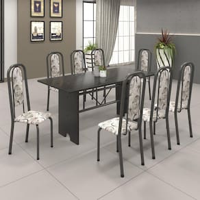 Conjunto de Mesa 180x75cm Tampo Ardósia com 8 Cadeiras Lavínea Soma Móveis Martelado Prata/Arabesco
