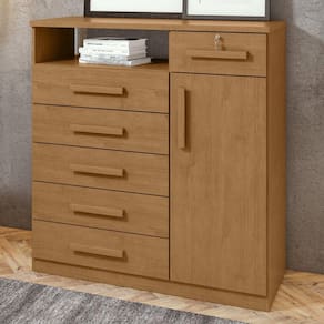 Cômoda 1 Porta 6 Gavetas 1 Nicho Da Vinci Móveis Lopas Amêndoa Clean