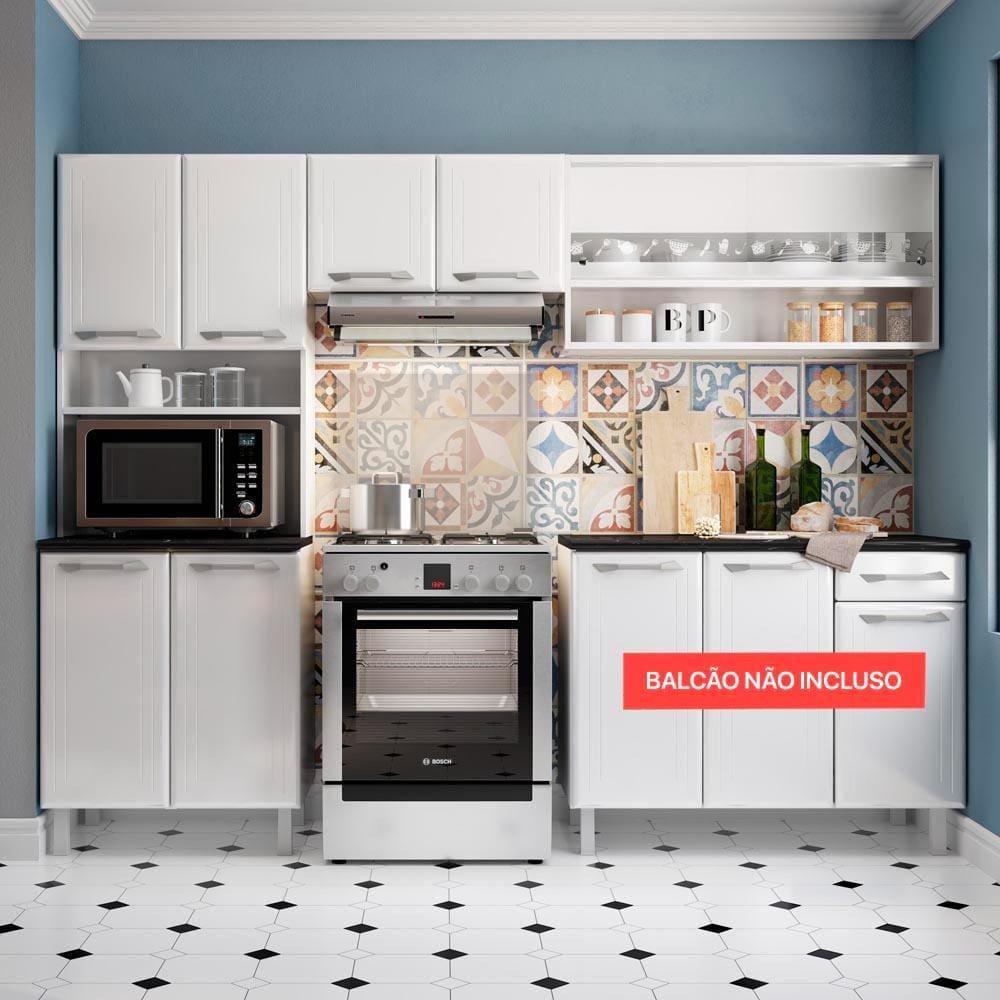 Cozinha Compacta de Aço Completa Topázio Armário Aéreo Paneleiro 8 Portas 4 Prateleiras Branco