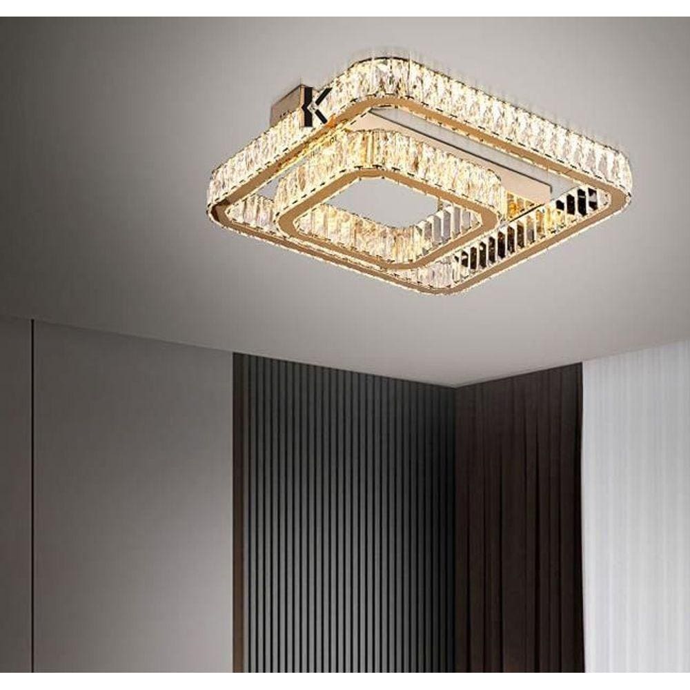 Paflon Dourado Quadrado 50x50 cm Led 3000k e Cristal K9