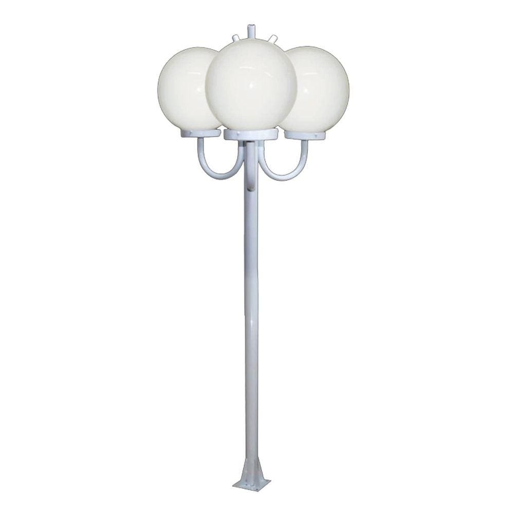 Poste Luminária Globo P Triplo Braço Curvo Cima Branco 300cm