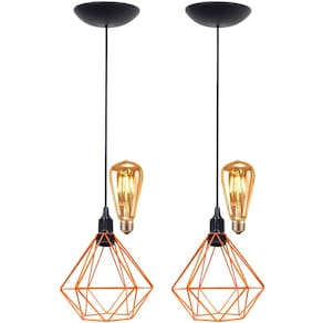 2 Pendentes Aramado Diamante Teto Luminária Retrô Balcão Agp + 2 Lâmpadas Led ST64 Vintage