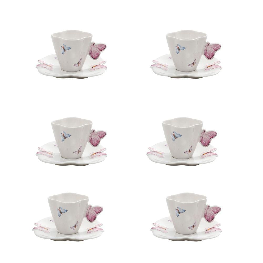 Jogo 6 Xícaras De Café Porcelana com Pires Wolff Borboletas 100ml