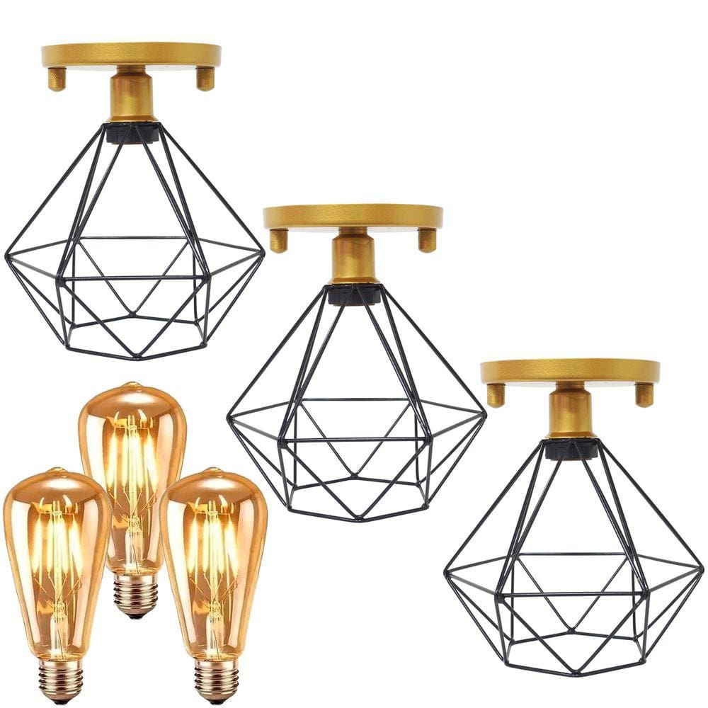 3 Lustre Teto Plafon + 3 Lâmpada Led St64 Industrial Aramado Diamante Retrô Luminária Vintage