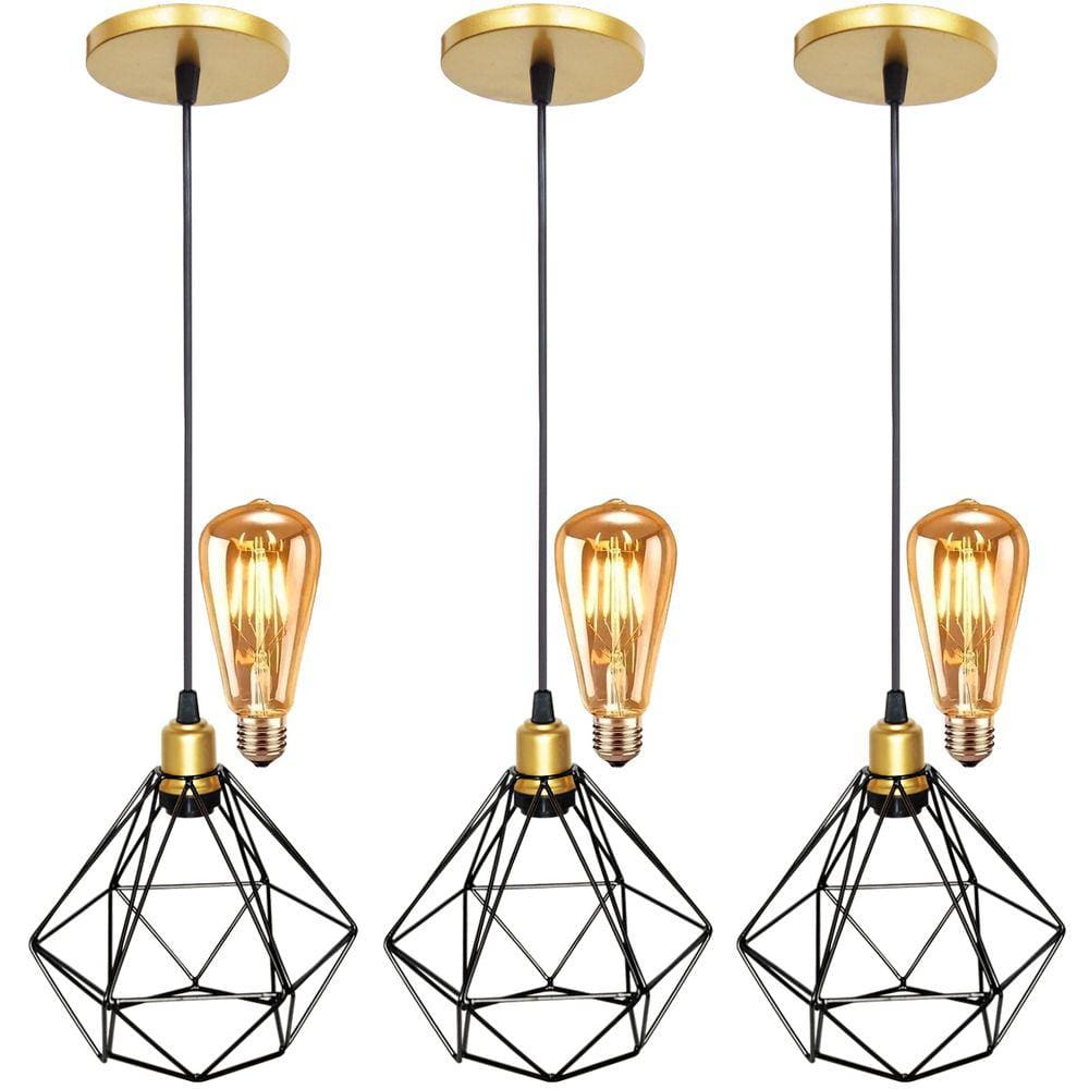 3 Pendentes Aramado Diamante Luminária Lustre Retrô Balcão + 3 Lâmpadas Led ST64 Vintage Teto