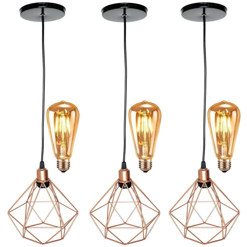 3 Pendentes Aramado Diamante Luminária Lustre Retrô Balcão + 3 Lâmpadas Led ST64 Vintage Teto