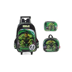 Kit Escolar Hulk Mochila Rodinha Costas + Lancheira + Estojo