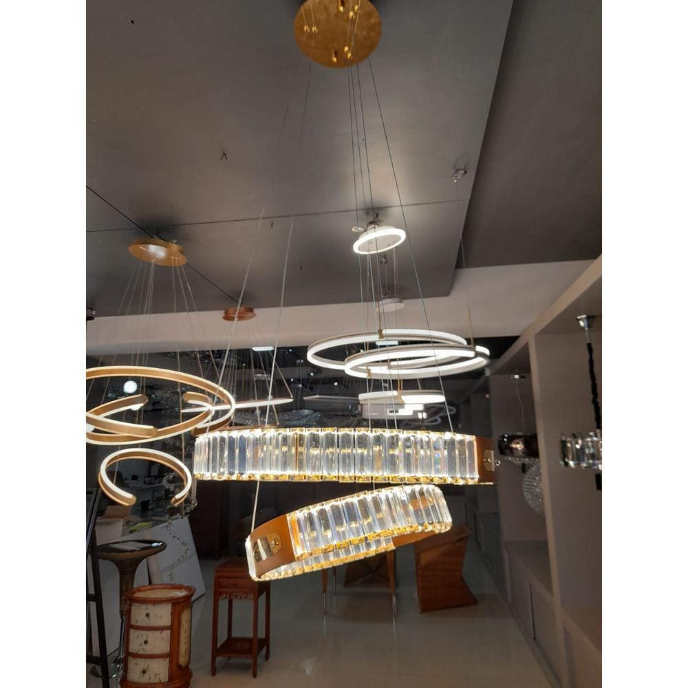 Pendente Dourado 2 Anéis em Cristal K9 e Couro Led 3000K