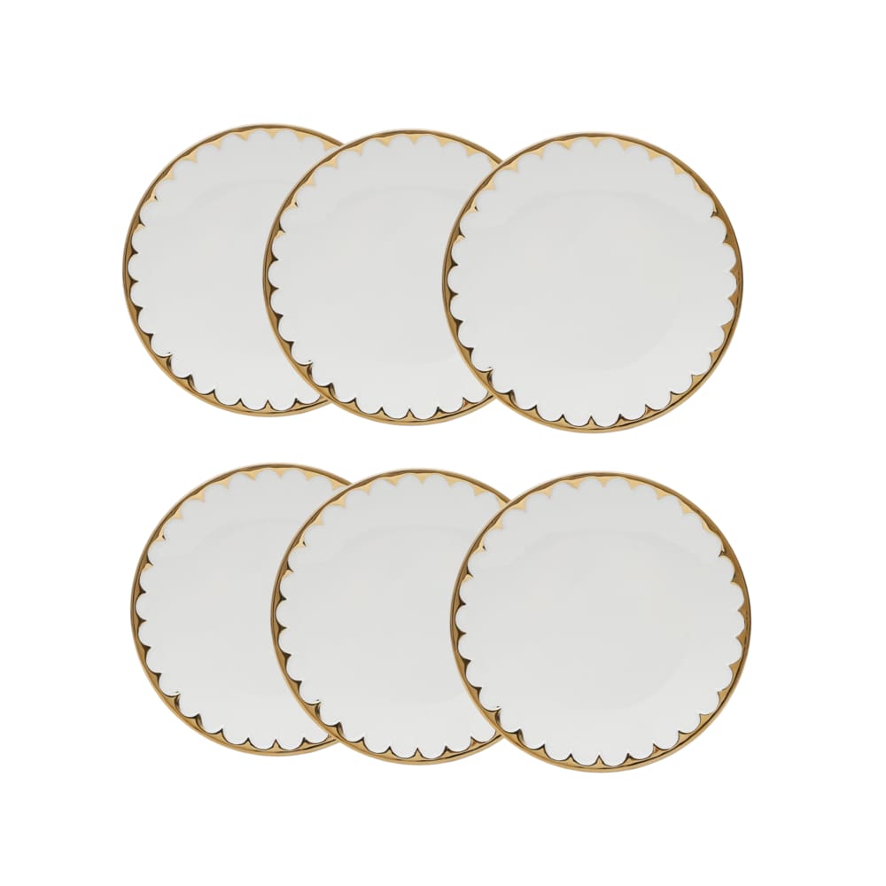 Cj 6 Pratos Rasos P/Sobremesa de Porcelana EGG Branco/Dourado 19cm Wolff