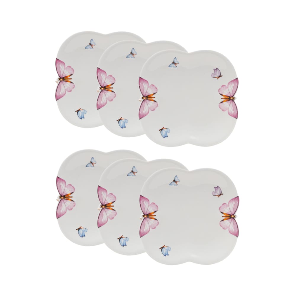 Cj 6 Pratos Rasos P/Sobremesa de Porcelana Branca Borboletas 19cm Wolff