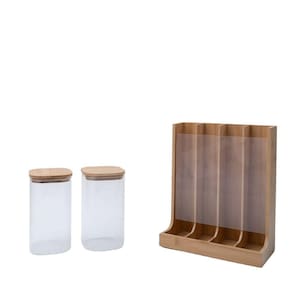 Kit com 2 potes de vidro com tampa de bambu 1,4l e porta cápsulas de bambu - Oikos