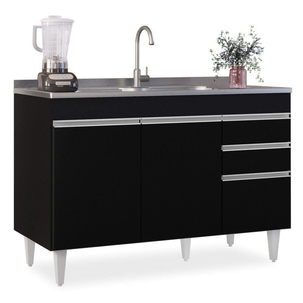 Balcão Gabinete 120cm 3 Portas 2 Gavetas Michigan Preto