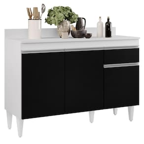 Balcão Gabinete 120cm 3 Portas 1 Gaveta Branco/Preto