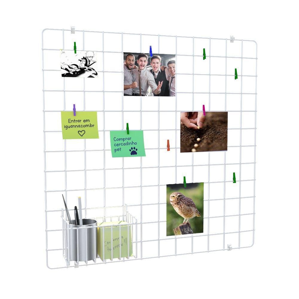 Memory Board Painel de Fotos Tela Aramada 60x60 Branco + Cesto N17 Prendedores e Clipes