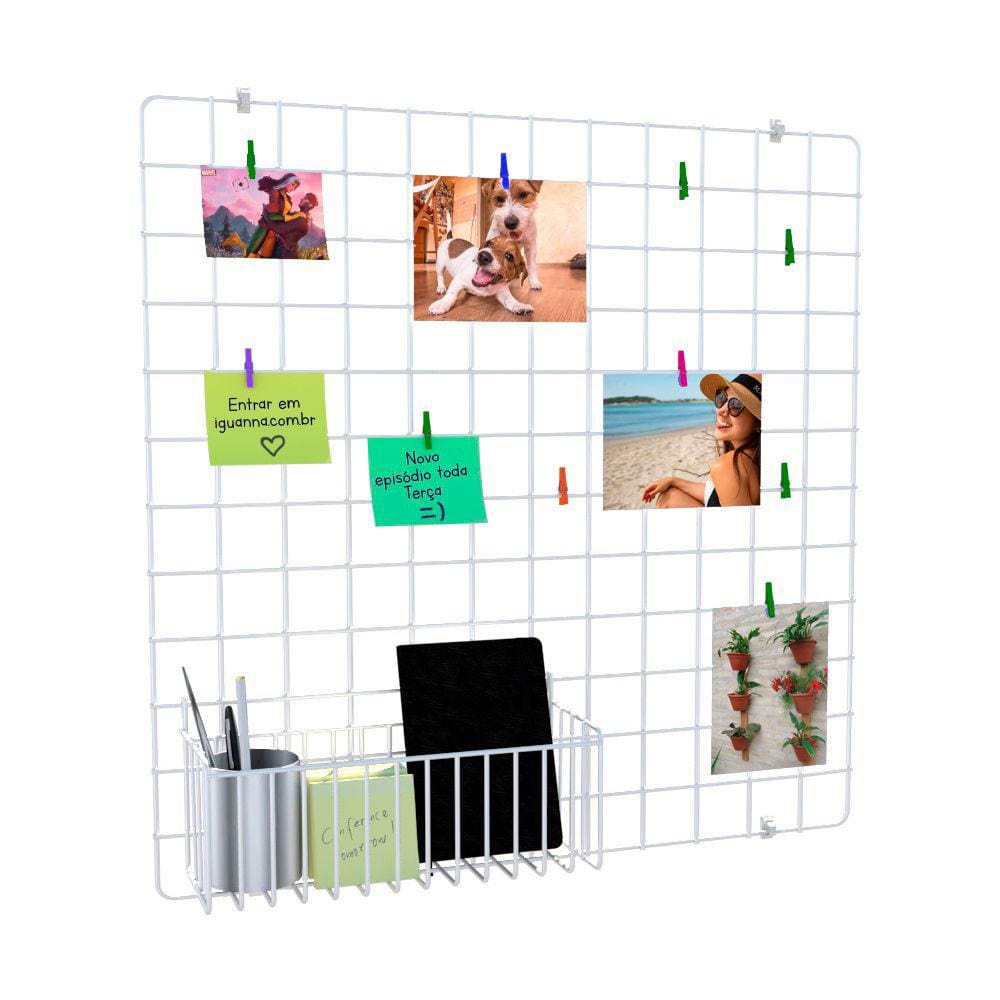 Memory Board Painel de Fotos Tela Aramada 60x60 Branco + Cesto N3g Prendedores e Clipes