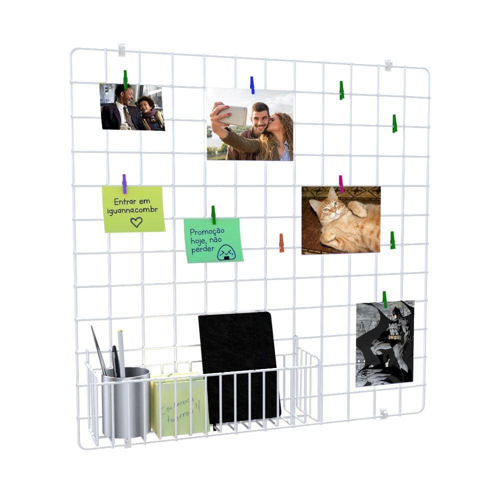 Memory Board Painel de Fotos Tela Aramada 60x60 Branco + Cesto N34 Prendedores e Clipes
