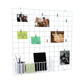 Memory Board Painel de Fotos Tela Aramada 60x60 Branco + Cesto N34 Prendedores e Clipes