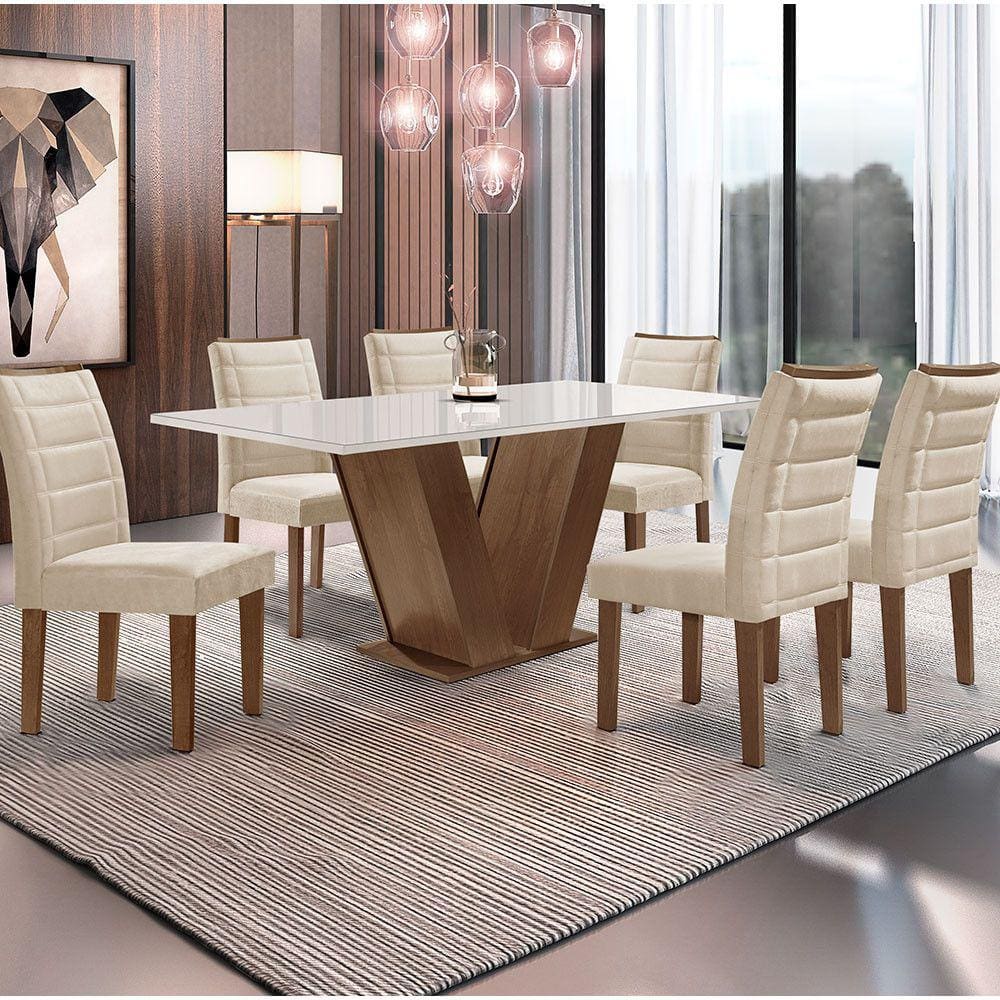 Conjunto Mesa Classic 160x80 com Tampo em Vidro Dakota com 6 Cadeiras Florença Cel Móveis