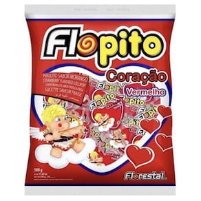 Pirulito Coração Flopito Morango Florestal C/50 unidades - 500g