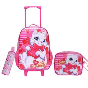 Mochila Rodinhas, Lancheira E Estojo Rosa Cat Sweet