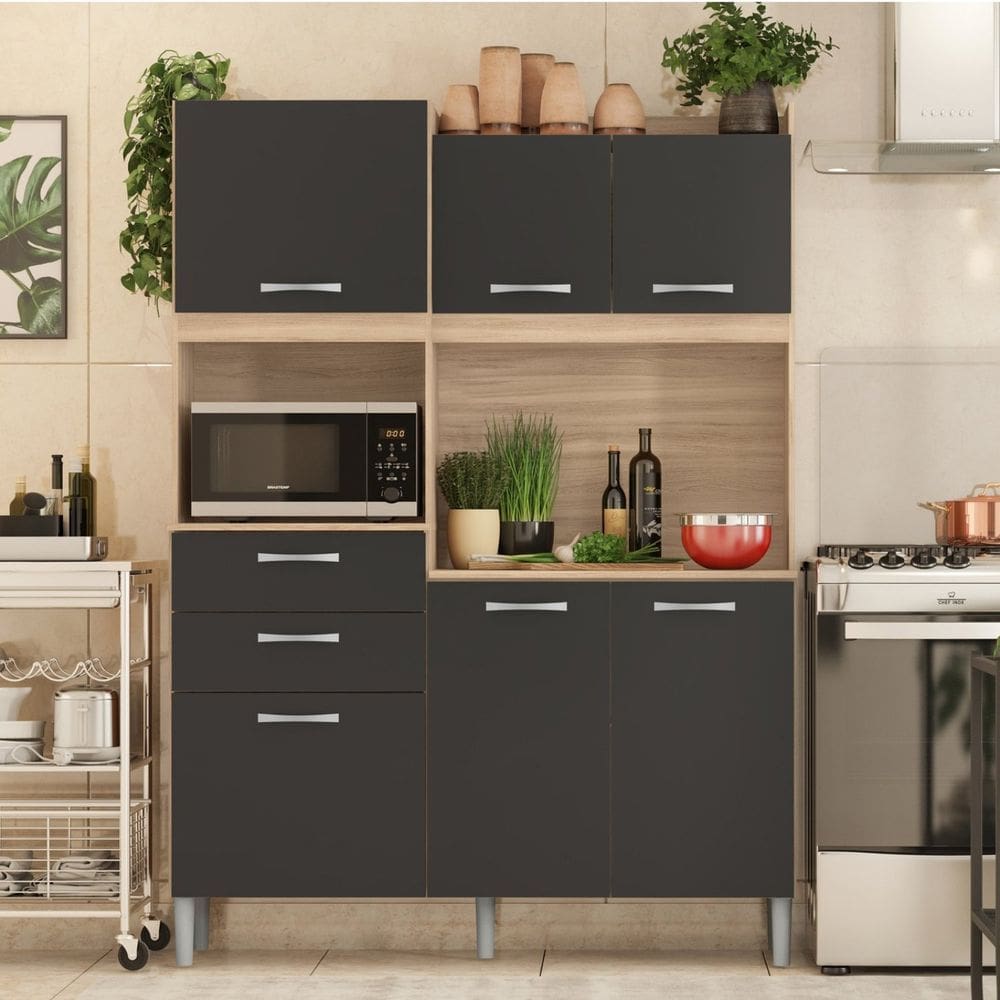 Armário de Cozinha 6 Portas 2 Gavetas Harmonia Demobile Avena Touch/Grafito