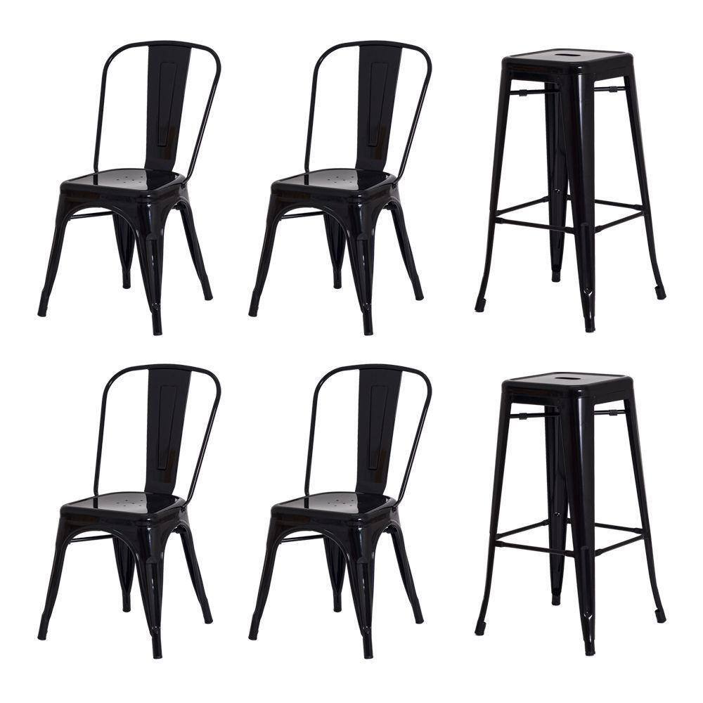 Kit 4 Cadeiras + 2 Banquetas Tolix Iron Design Preta Aço Industrial Sala Cozinha Jantar Bar Bistrô
