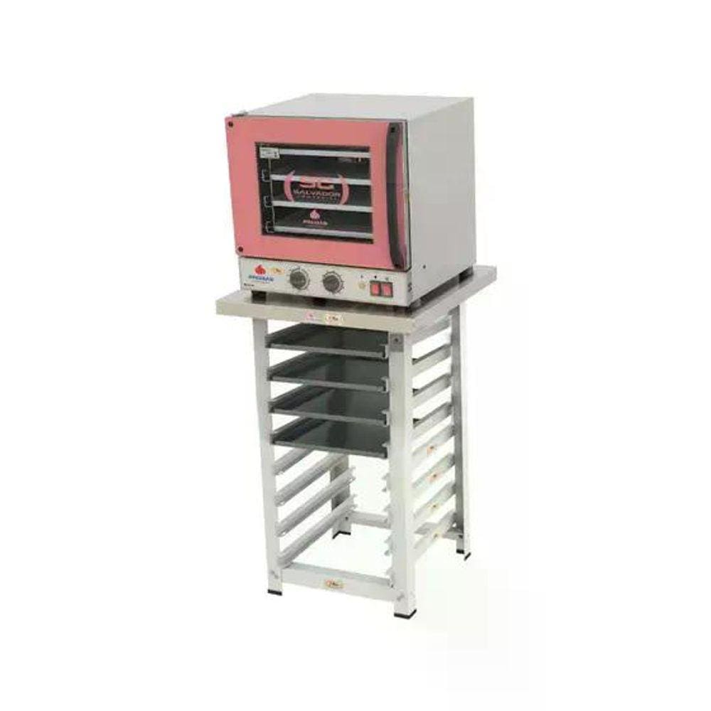 Kit - Forno Turbo Elétrico Fast Oven PRP-004 220V Rosa + Bancada MES-004  + 4 Assadeiras - Progás