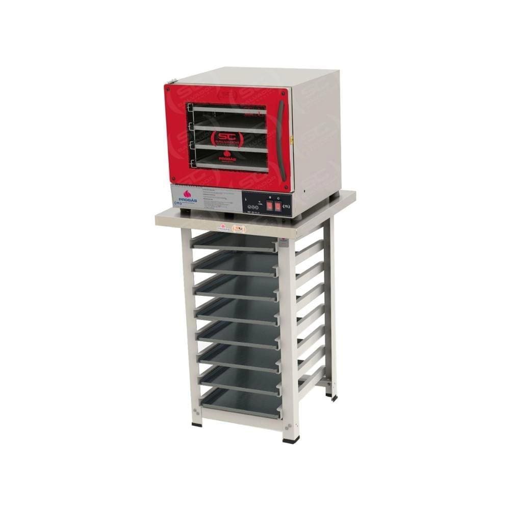 Kit - Forno Turbo Elétrico Fast Oven PRP-004 Plus 220V Vermelho + Bancada MES-004  + 8 Assadeiras - Progás