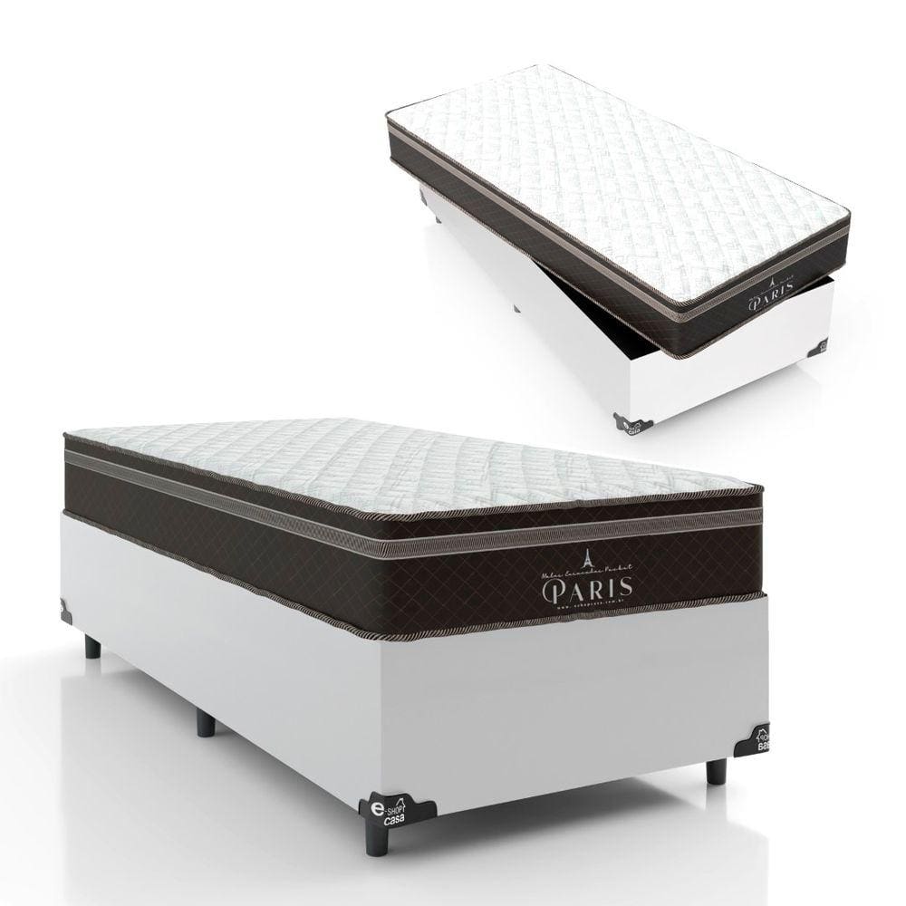 Cama Box Solteiro + Colchão Paris Molas Ensacadas - 61x88x188cm - Couro Branco